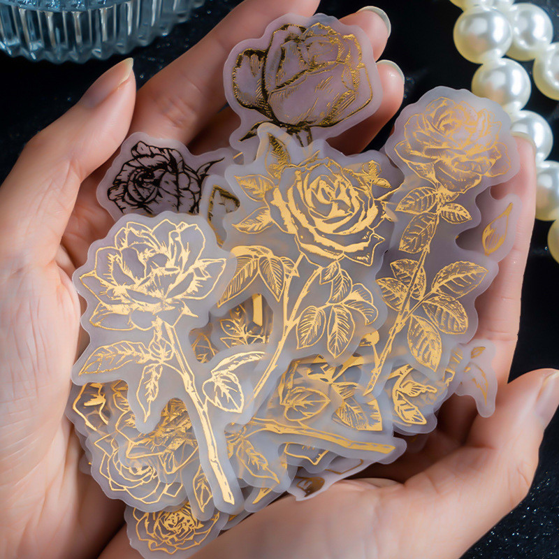 

40Pcs Foil Roses Stickers Material Engagement Transparent paper gold Bronzing Base Decorative handbook Scrapbooking 134*80MM