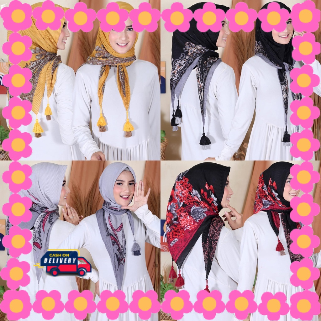 HIJAB WANITA MUDA CASUAL Pashmina Girly Syar i JUMBO / Kerudung Segi Empat PLISKET Motif BANDUL POMP