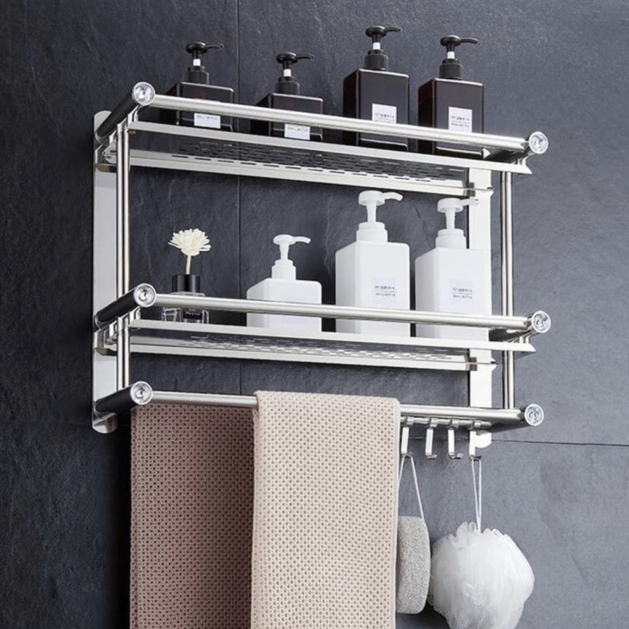 RAK DINDING KAMAR MANDI STAINLESS STEEL 2 TINGKAT RAK HANDUK PERLENGKAPAN MANDI MINIMALIS - ROSE RAC