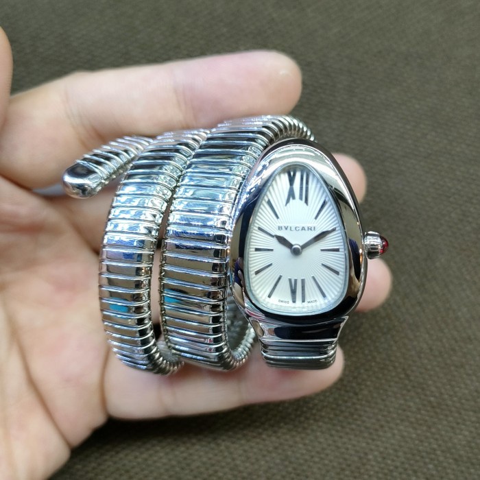 JAM TANGAN WANITA LILIT ULAR SNAKE SUPER GRADE - Silver Putih, Box Kancing