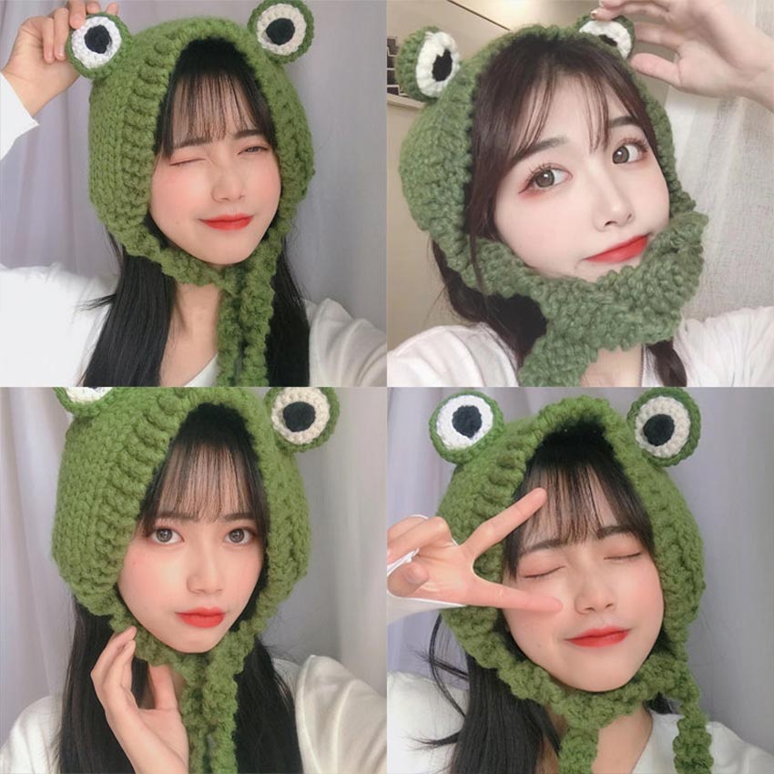 Circle Point - Winter Frog Hat Crochet Knitted Hat Costume Cap Women Gift Baby Anime Hat Photography