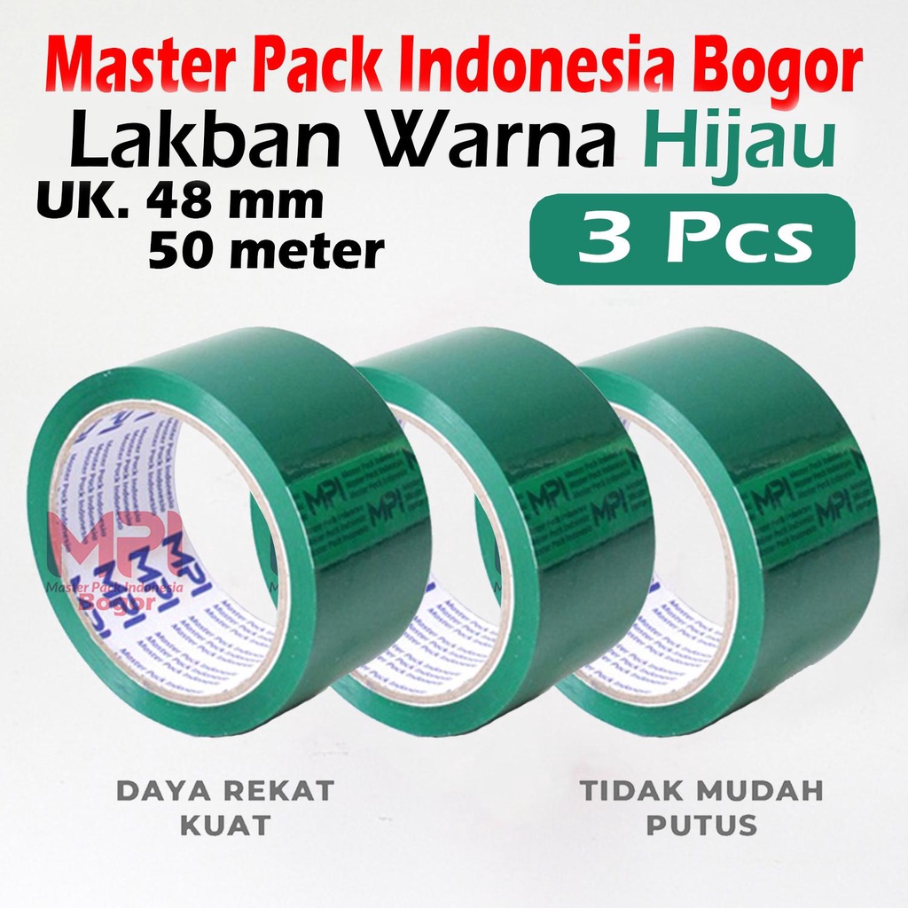 

3 ROLL - Lakban MPI Warna Hijau 48 mm x 50 Meter - Lakban Warna Master Pack Indonesia