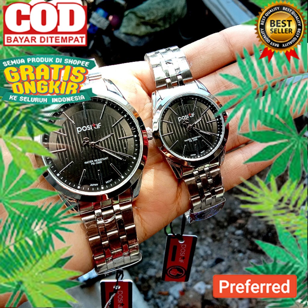 Jam Tangan Wanita Pria Couple POSITIF 2358 Rantai Silver Hitam ORIGINAL Water Resistance FREE BOX// 