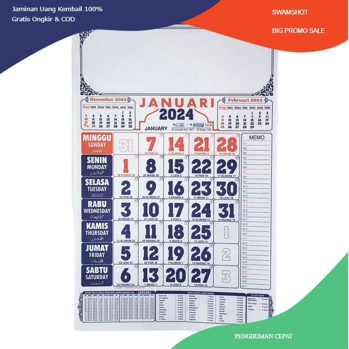 

Kalender Dinding Lengkap tahun 2024 Jadwal Sholat Bahan HVS 32x48cm