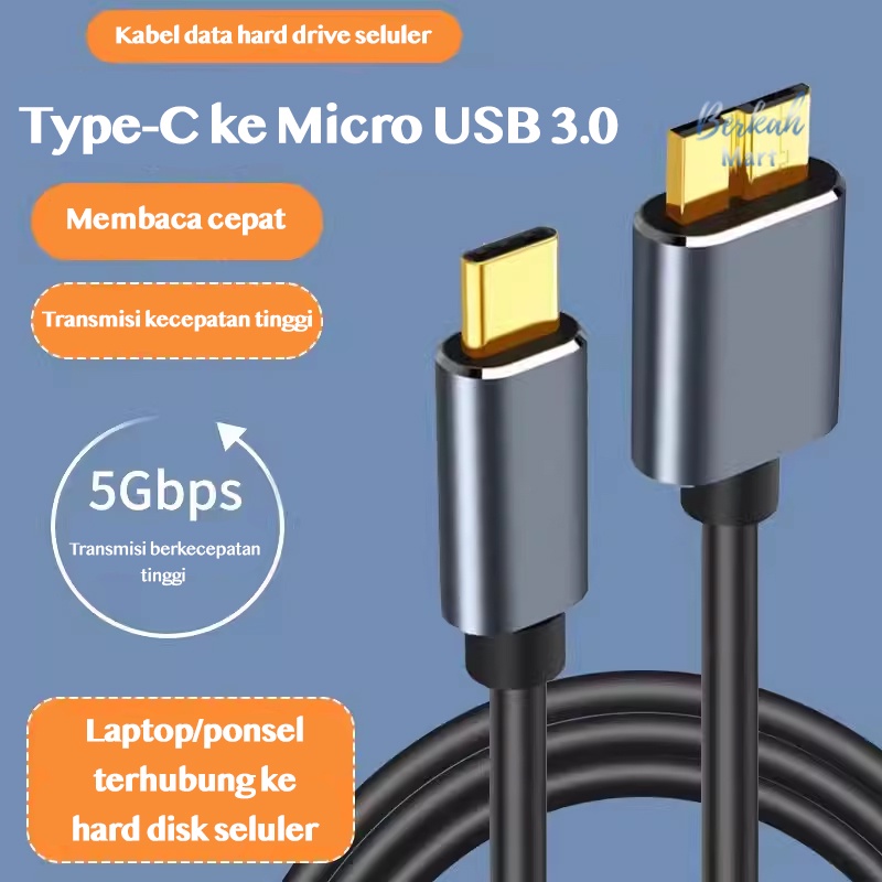 External Hard Drive Disk Type C to Micro-B 3.0 Cable Sinkronisasi Pengisian Daya 5Gbps Transfer untu