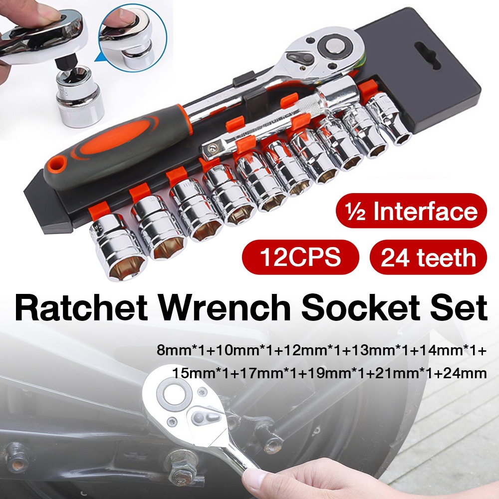 ½ antarmuka/¼ antarmuka kunci pas soket ratchet 24 gigi set 12 buah