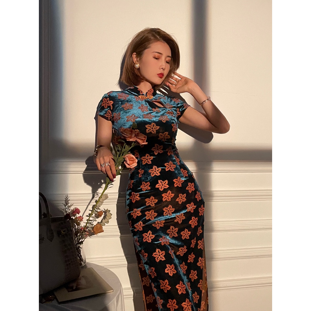 SOLANI Gaun Rok Miring Temperamen Perjamuan Harian Populer Cheongsam Daun Maple Retro Bunga Terbakar