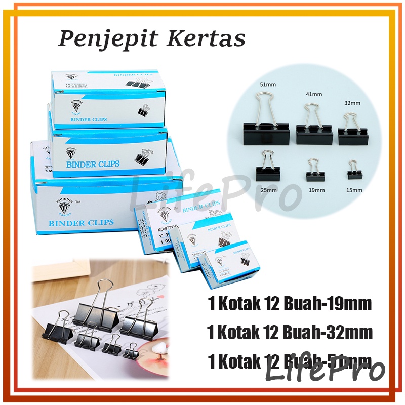 

Binder Clip 12 Per Lusin / Penjepit Kertas / Clip Kertas / Binder Clip / Klip / Double Clip / Penjepit kertas 1 box isi 12p