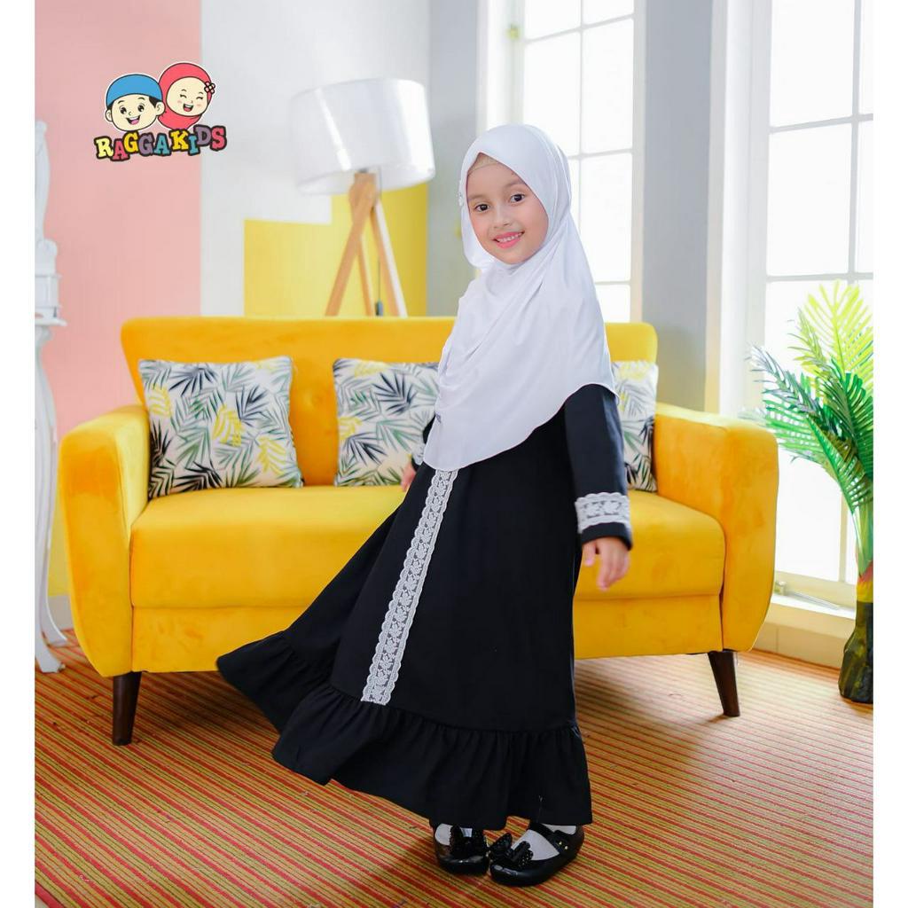 GAMIS ABAYA ANAK CEWEK BAHAN KAOS WARNA HITAM POLOS RAGGAKIDS RAYA 2023 KODE RG 63 BLACK