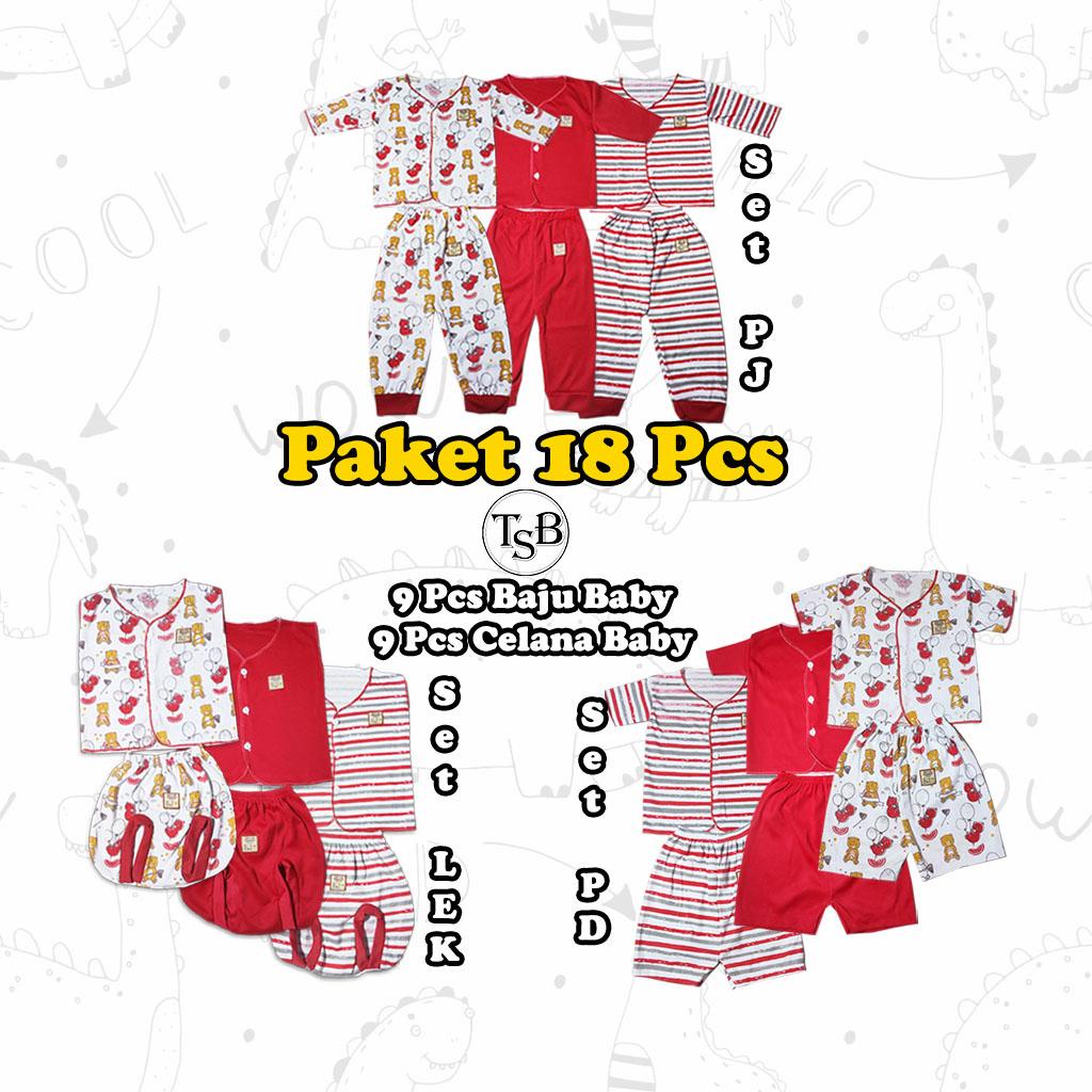 18 Pcs Paket Baju Bayi Dan Celana Bayi Baru Lahir 0-3 Bulan Seri Merah Model Lekton Model Lengan Pen
