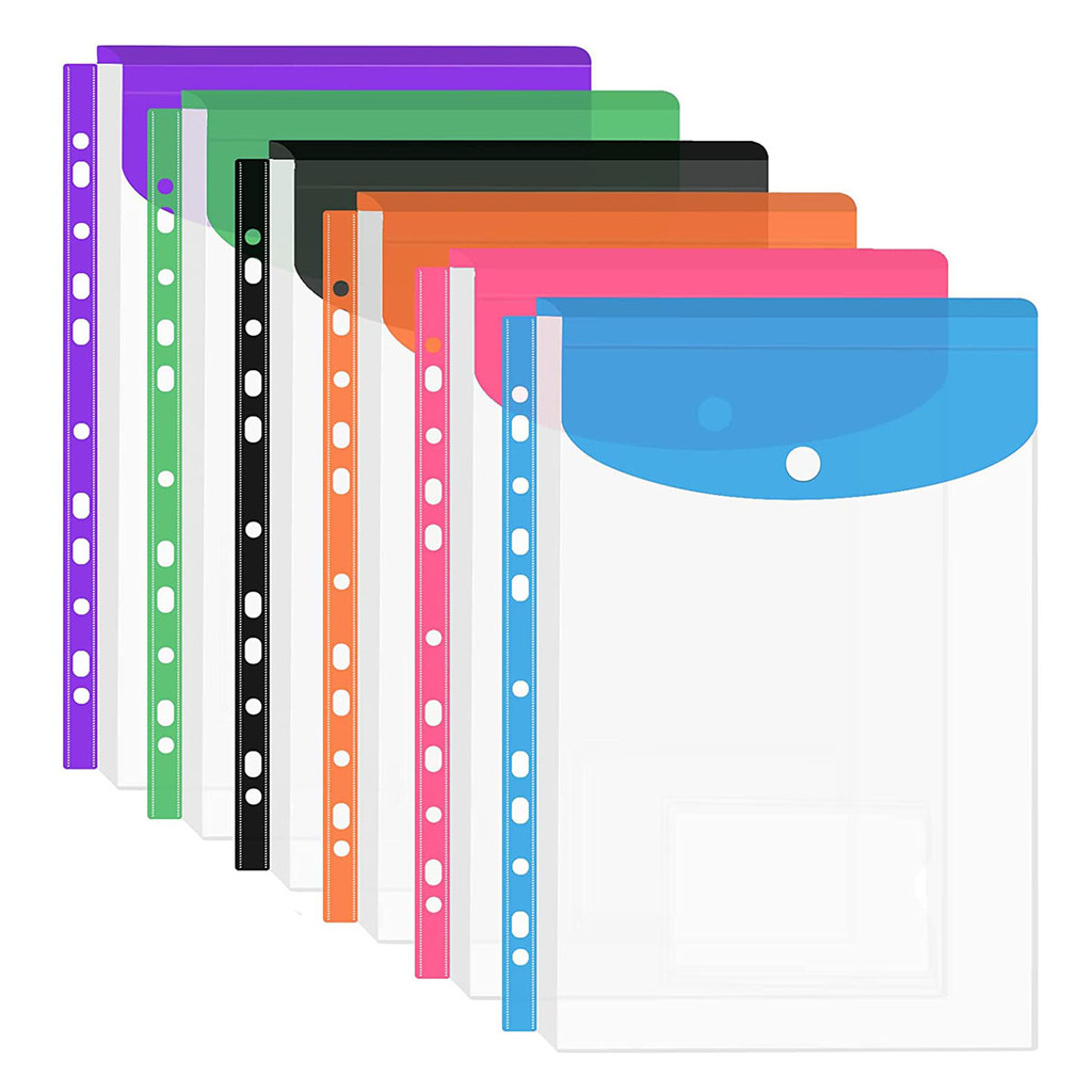 

A4 Clear Plastic Punched Pockets with Button Closure for Home Office and School Files 11 Hole Binder Envelopes Folders Organizer