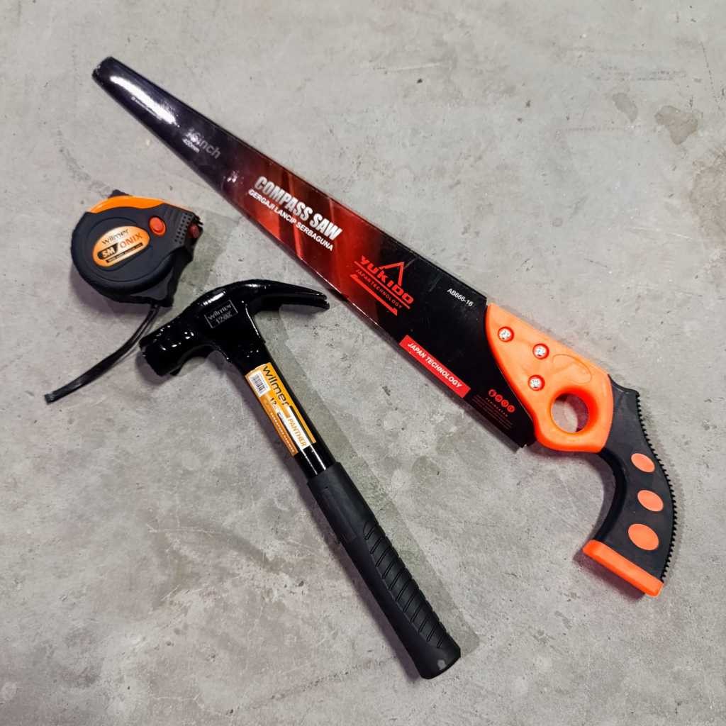 PAKET TUKANG MURAH - Gergaji Kayu Baja Asli Siap pakai- Palu kambing Gagang Besi , Meteran Viper - g