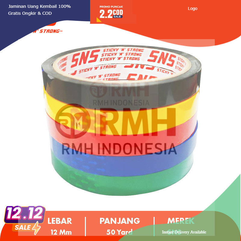 

ISOLASI WARNA WARNI 12mm / LAKBAN OPP TAPE 12 mm SNS Sticky N Strong