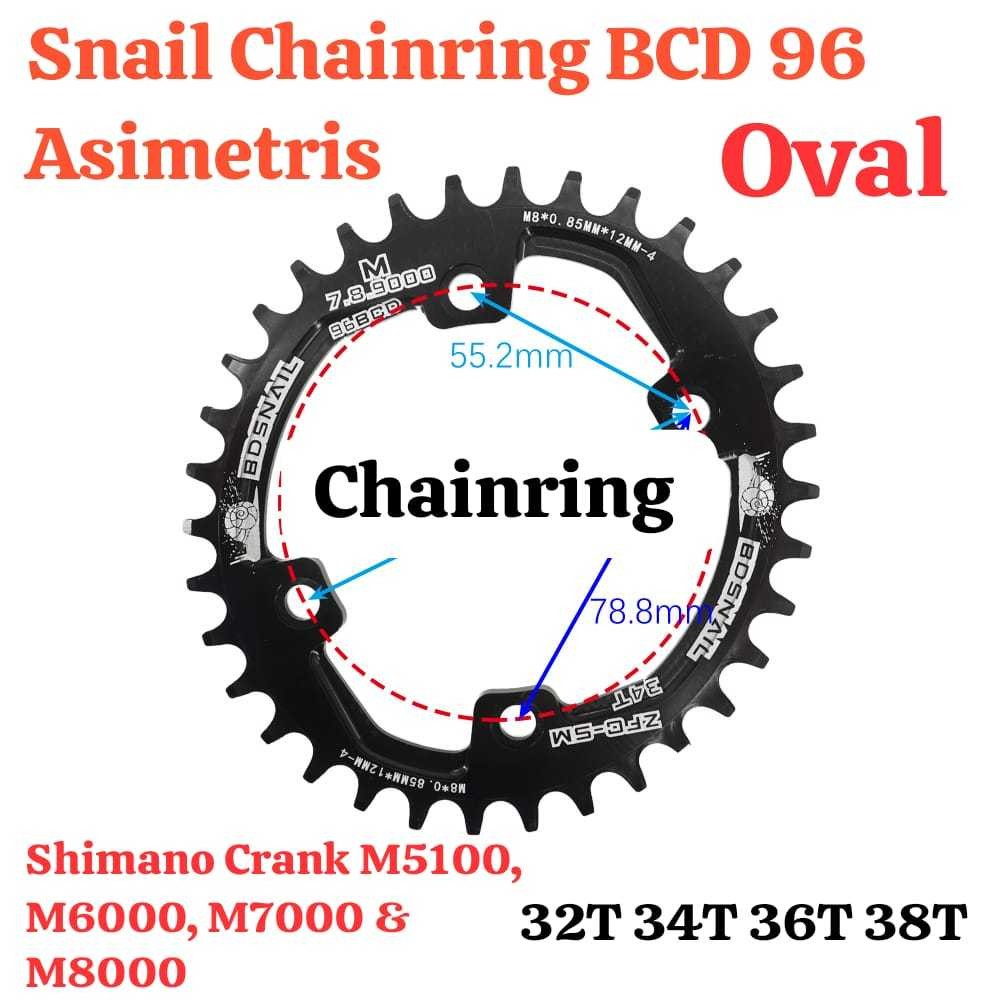 Snail Chainring Oval 32T/34T/36T/38T BCD 96 Asimetris, Single Chainring, Kompatibel untuk Deore SLX 