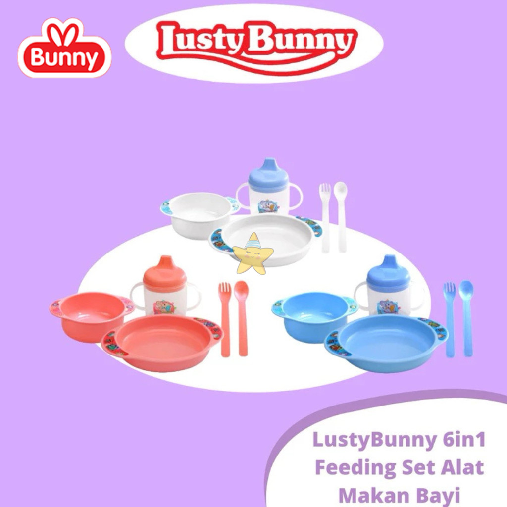 HBK Lusty Bunny Feeding Set Kemasan 6in1 Peralatan Makan Bayi LB-1363/BUN-001 BPA Free
