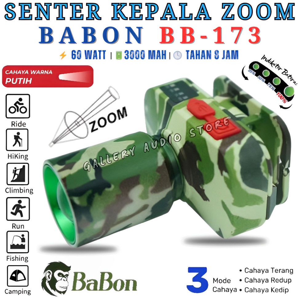 Senter Kepala Zoom BABON BB-173 LED 60 Watt Body Army | Senter Zoom Cahaya Putih Super Terang Army S