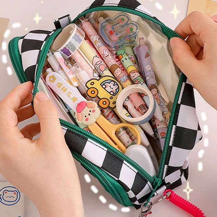 

Tempat pensil aesthetic pencil case box pensil korea organizer box pensil cute motif kotak kotak - Pink Purple