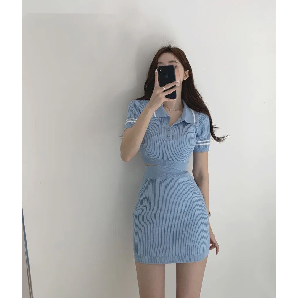 Puji_JPmarket.id Set Crop Knit Rajut / Setelan Rajut + Rok Span Lengan Pendek