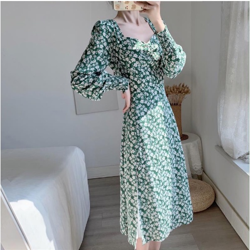 Midi Dress Rok Sebetis Lengan Panjang Motif Bunga Hijau Putih Baju Serut - Dres Gaun Pakaian Busana 