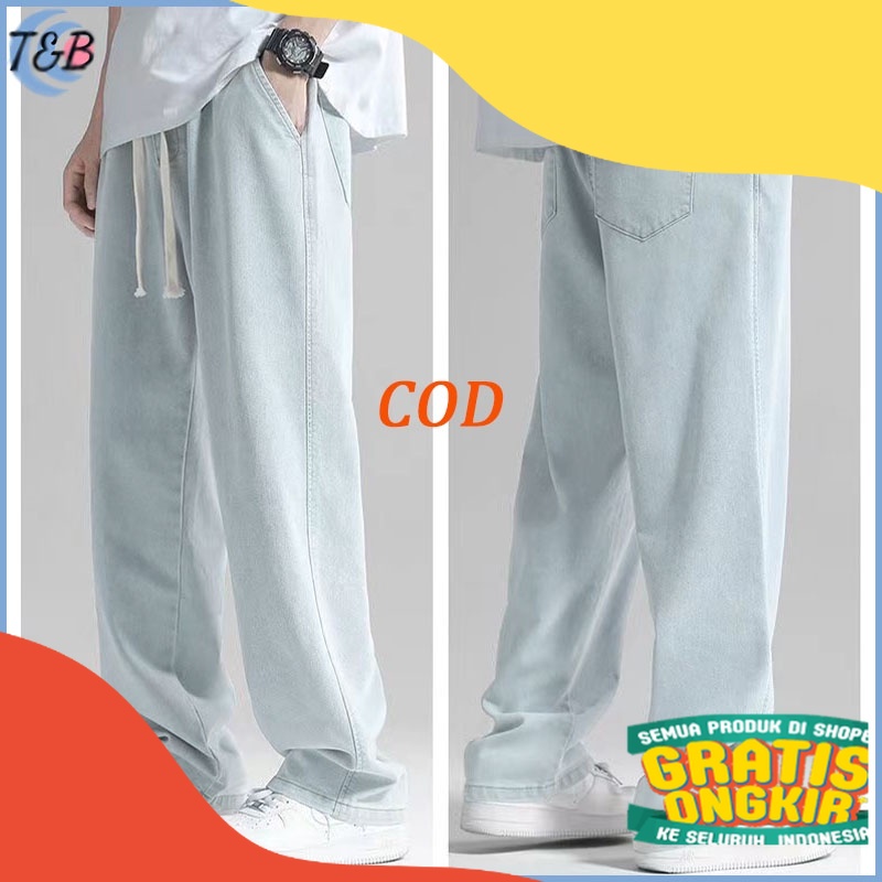Celana kulot jeans pria jeans pinggang karet jumbo Baggy jeans pria Celana panjang cowok outfit pria