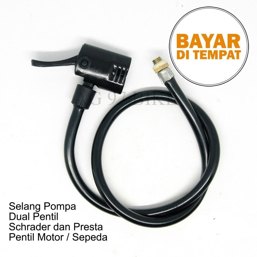 Selang Pompa Ban Angin Sepeda dan Motor Pentil Dobel Schrader dan Presta Selang + cop pompa 2 Fungsi