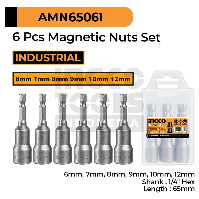 6-Pcs Magnetic Nut Set (6-12 mm) INGCO AMN65061 - Converter Kunci Sok Mata Bor Roofing Rofing Rufing