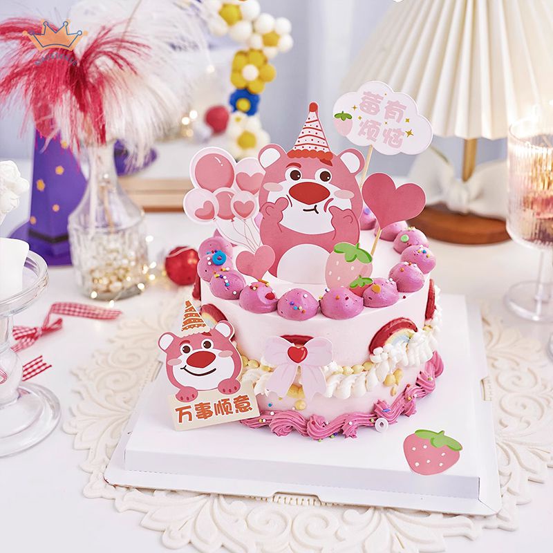 Topper Lucu Strawberry Bear Cake Plugin Strawberry Love-Heart Heart Plugin Dekorasi Kue Kreatif MK