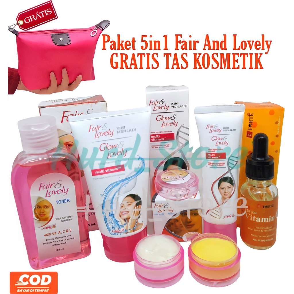 HM Paket 5 in 1 Fair And Lovely [ Gratis TAS KOSMETIK ] - Cream Siang Malam - Pelembab - Facial Foam