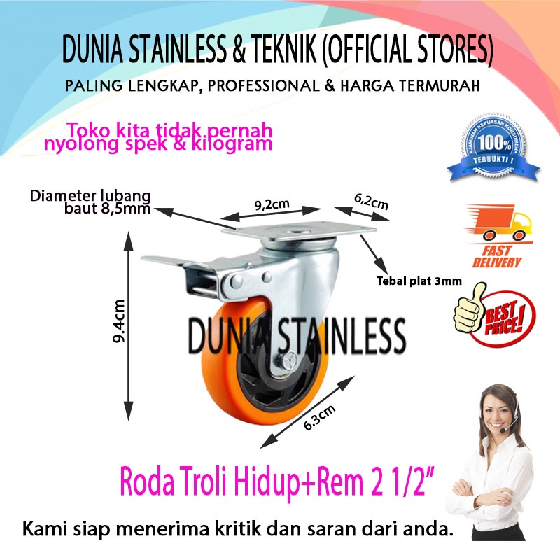 Roda Troli Hidup+Rem 2 1/2 Inch|pintu|pagar|besi|teknik|interior|kayu