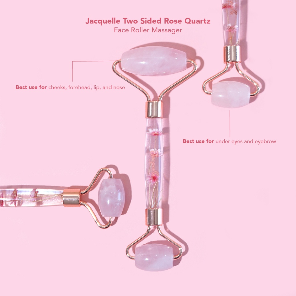 Jacquelle Two Sided Rose Quartz Face Roller Massager - Jade Roller 2In1 Untuk Wajah