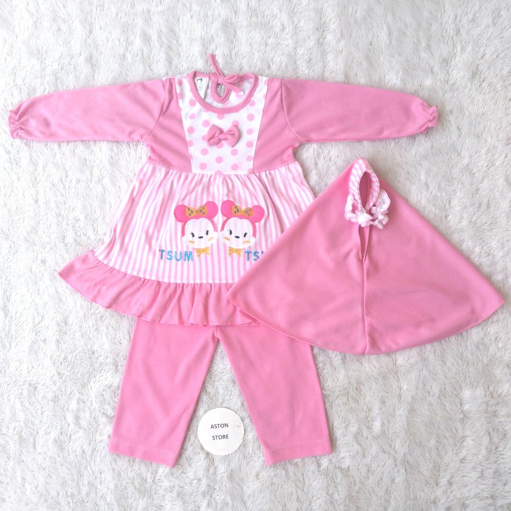Setelan Hijab Bayi Perempuan Usia 3-12 Bulan Motif Karakter Lucu / Set Baju Gamis Celana dan Kerudun