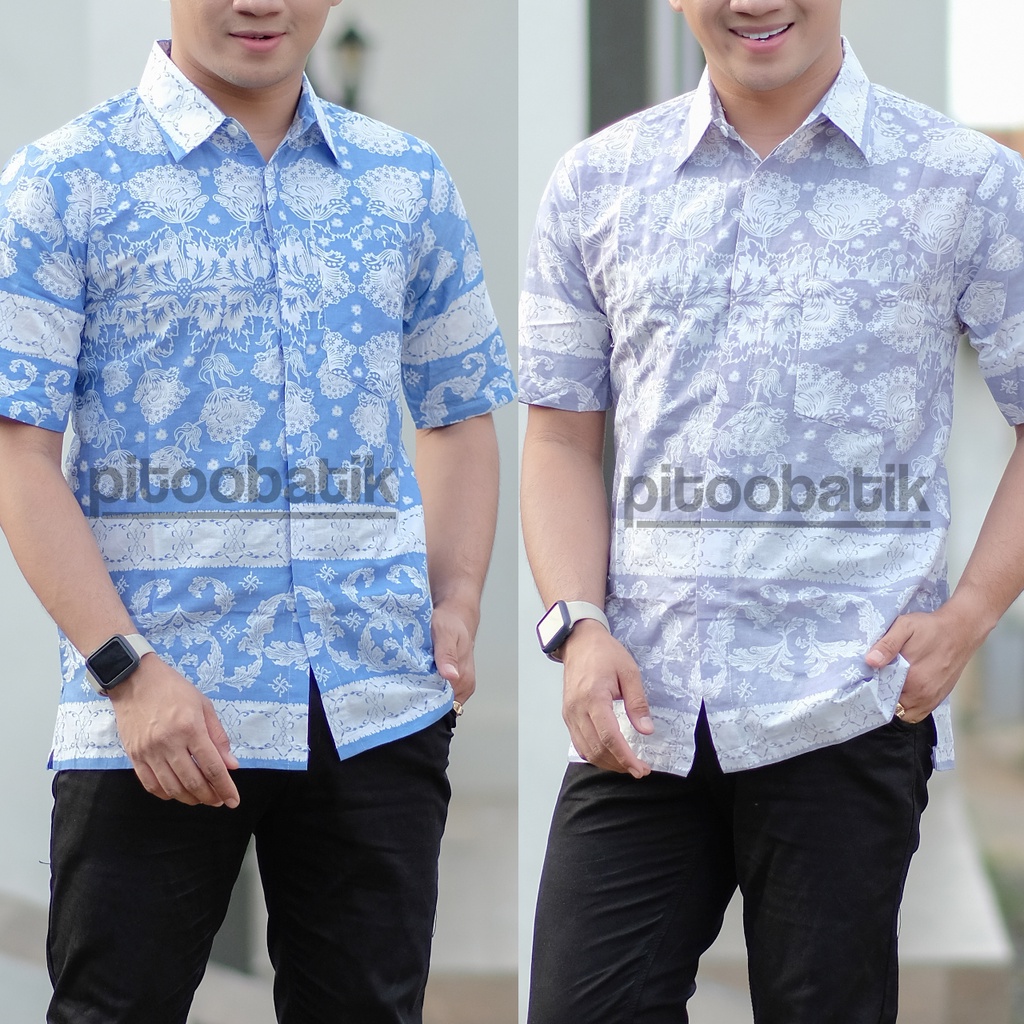 Batik Pria Warna Soft Kemeja Batik Pria Lengan Pendek Abu Biru Muda Baju Batik