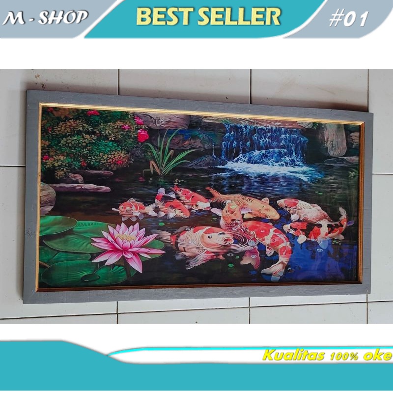 hiasan dinding lukisan cetak ikan koi kolam plus bingkai ukuran 100×50