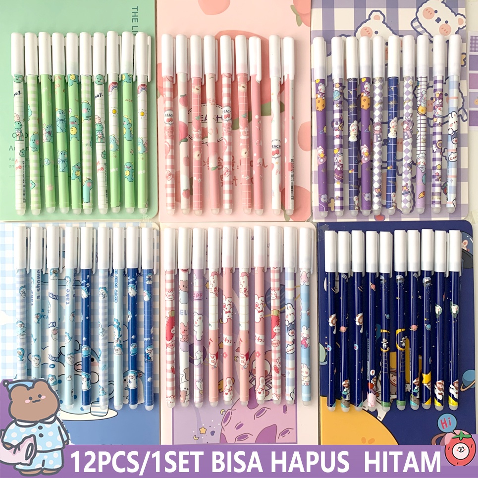 

LYSASHOP 1 Lusin (12Pcs) Bonus Zipper Case Pena Bisa Dihapus Erasable Pen Tinta Hitam Motif Karakter Pulpen Pen Bolpen Hapus