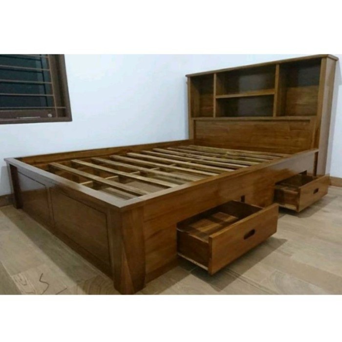 Dipan Tempat Tidur Minimalis Kayu Jati Tipe Laci Sorong - Castom, 120x200