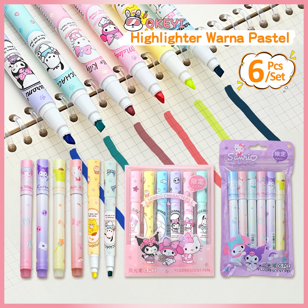 

OKEYI 6In1 Stabilo Dua Sisi Sanrio Pulpen Warna-Warni Lucu Souvenir Highlighter Kuromi Kitty Mymelody