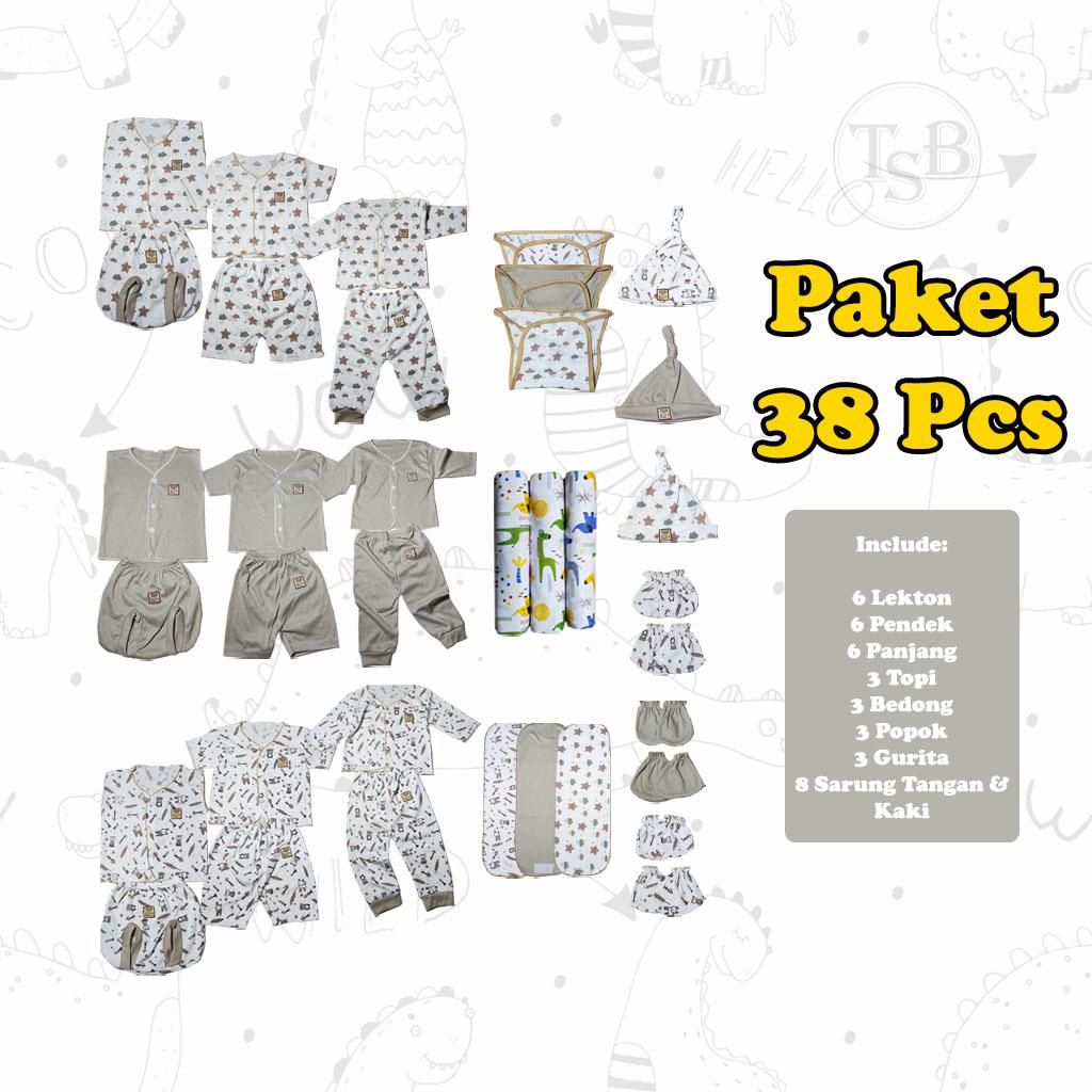 38 Pcs Paket Setelan Baju dan Celana Bayi Newborn usia 0-3 Bulan Seri Cream Lekton Pendek Panjang Be