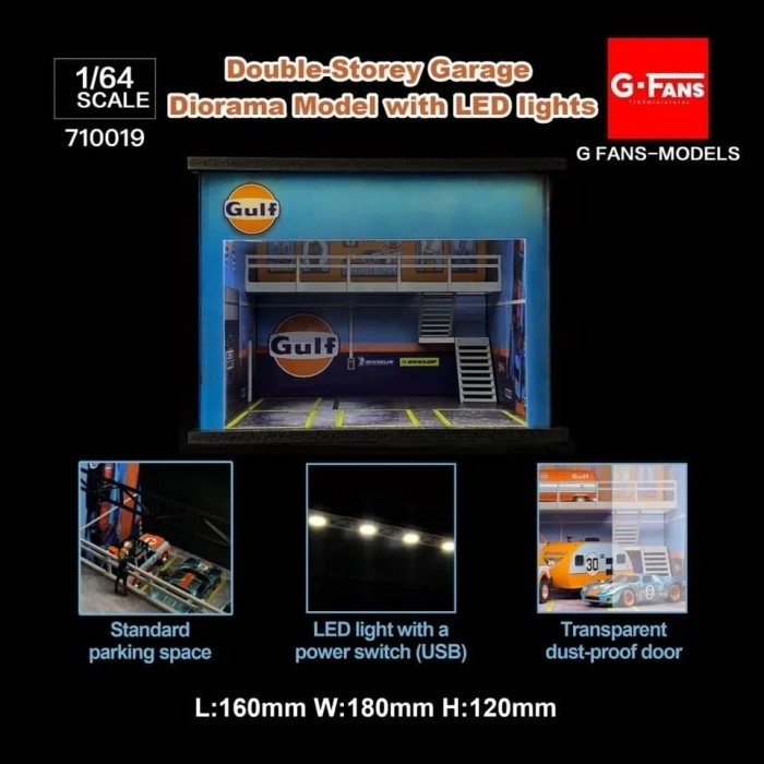 G-Fans Diorama 1:64 Workshop Garage Double Deck GULF With LED G Fans
