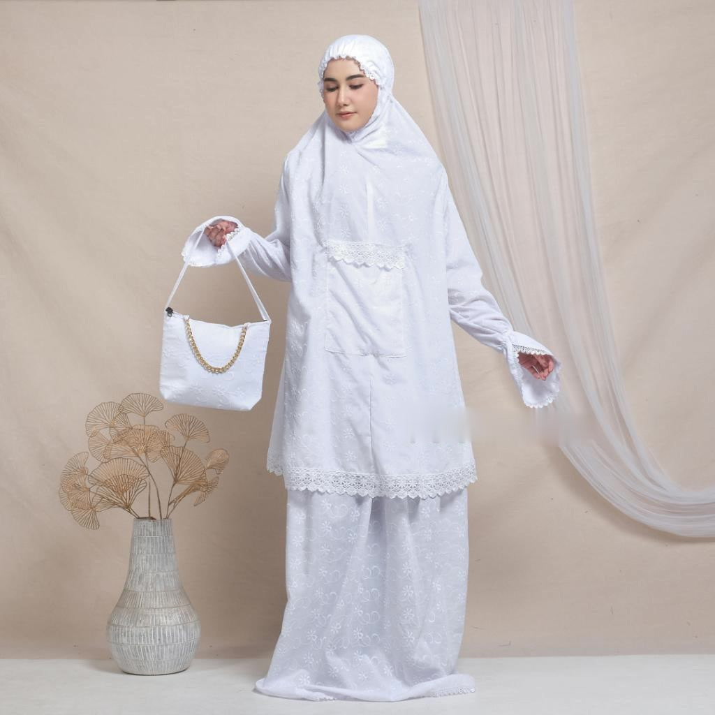 Mukena Dewasa Putih Umroh Berlengan Mukenah Tangan Potongan Atas Bawah Paris Bordir
