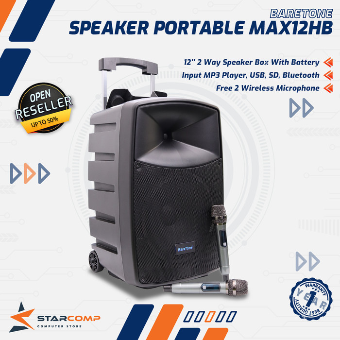 BareTone Speaker Portable MAX12HB 12" 400W Wireless Bluetooth SD Card FM Radio