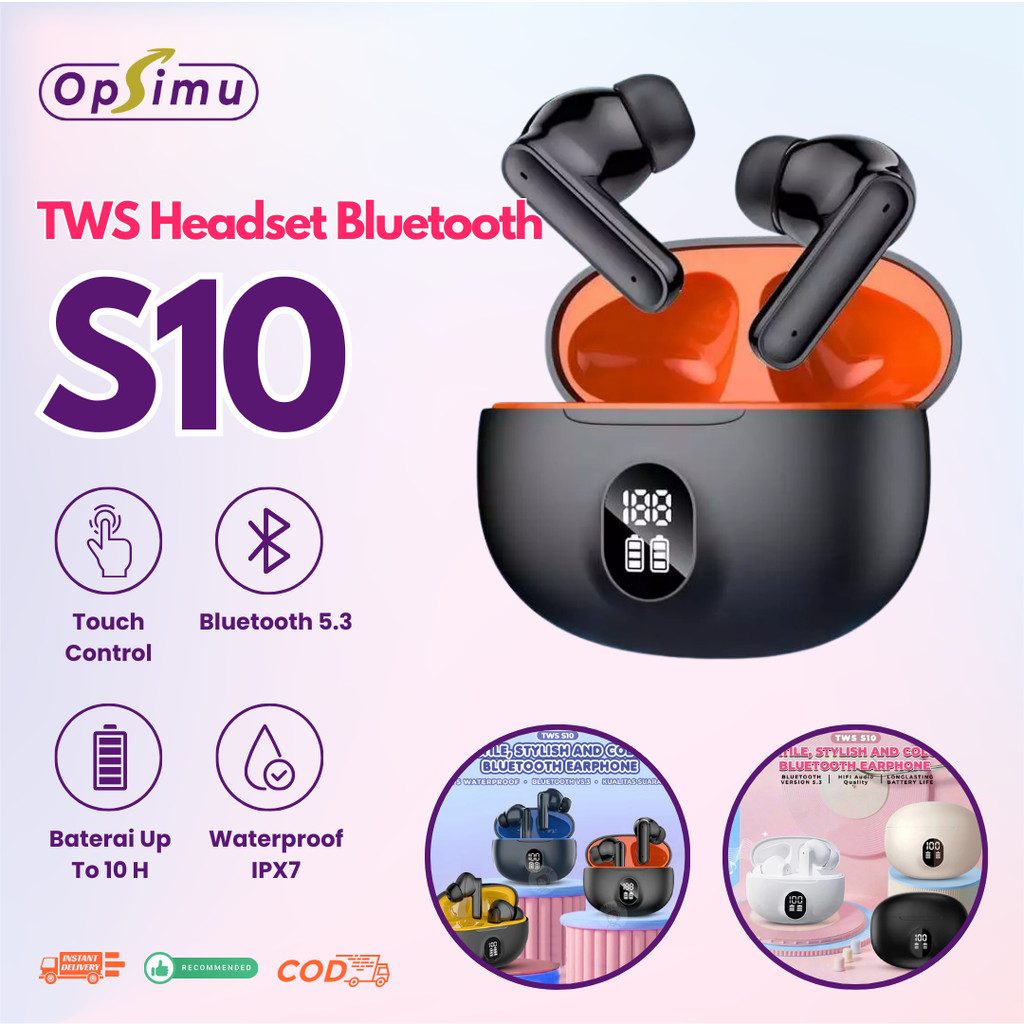 [MAKASSAR] OPSIMU GADGET COD Headset Bluetooth S10 TWS Wireless Earphones Bluetooth 6.0 In Ear HIFI 