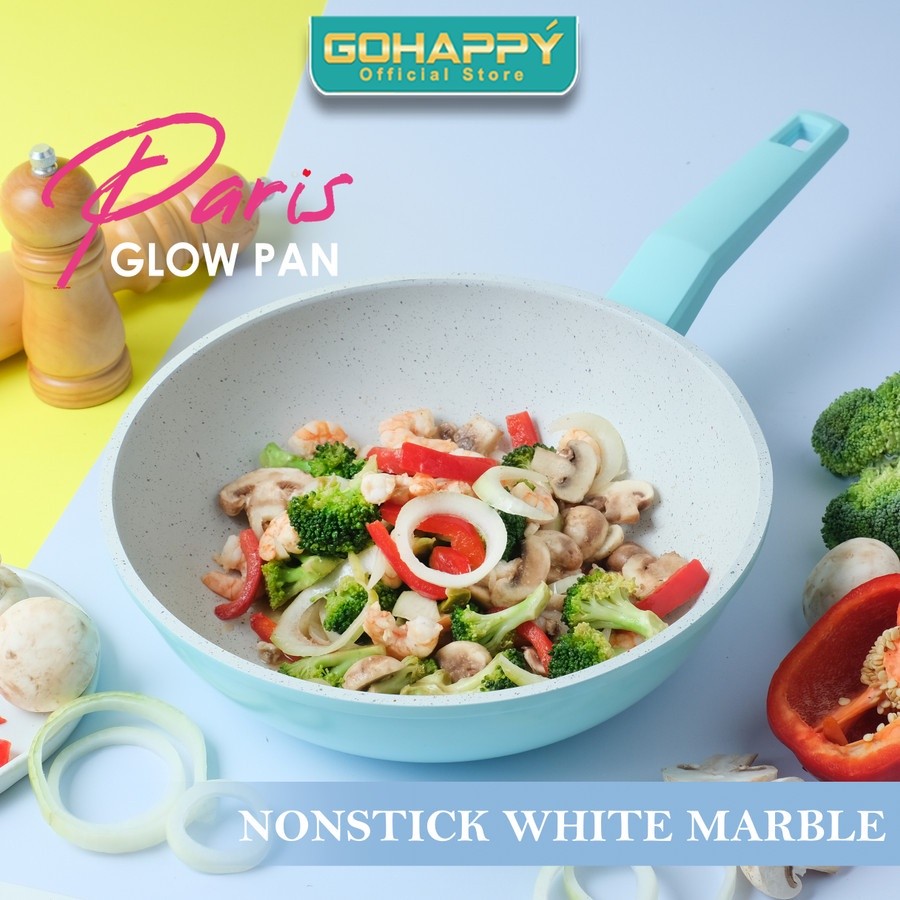 PANCI WOK PAN 24 cm PARIS White Marble Gohappy warna Tosca Glow Pan GH-P10 PFOA Free nonstick