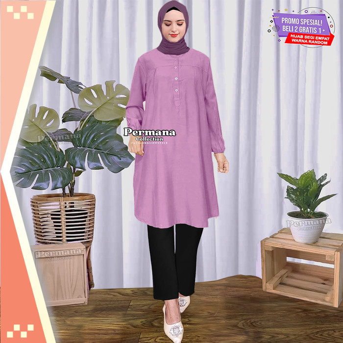 Tunik Busana Muslim Wanita Murah / Atasan Wanita Lengan Panjang Baju Kemeja Muslim Tunik Warna Merah
