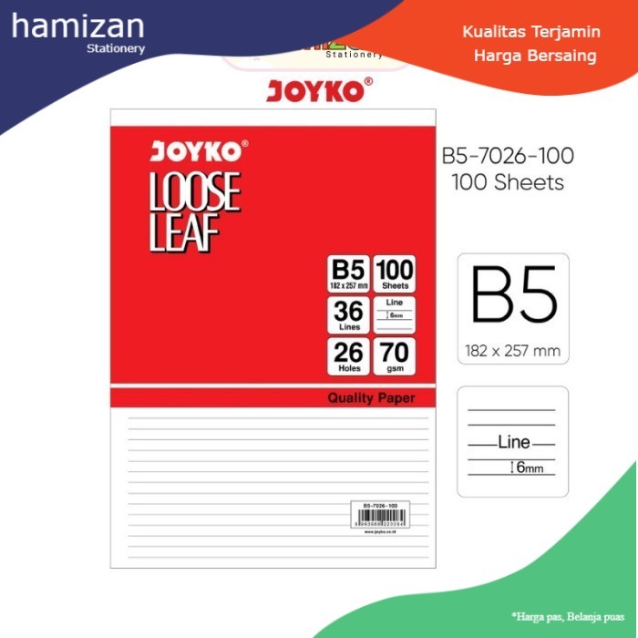 

Joyko Refill Loose Leaf B5-7026 100 Sheets/Lembar / Isi Kertas Binder