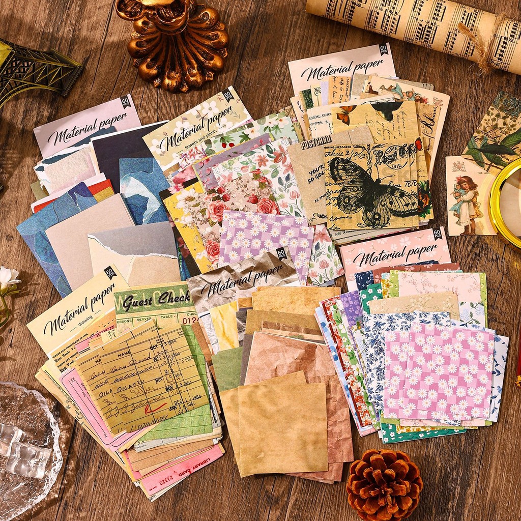 6Style 60Pcs/bag handbook book bottoming material bag new time stamp vintage material paper DIY deco