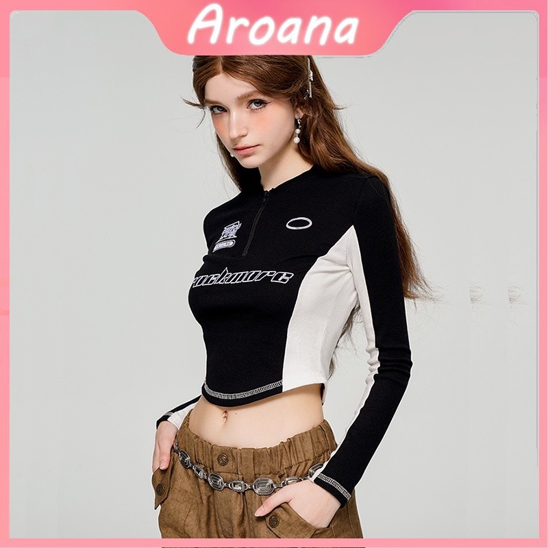 Aroana Baju crop top y2k lengan panjang wanita kaos slimfit long sleeve ketat top retro t-shirt