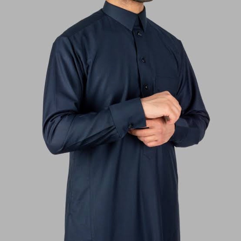 Busana Muslim Jubah Gamis AL ASEEL - PREMIER Laki Pria Hitam Polos Model Kemeja Berkera Lipat Import KSA