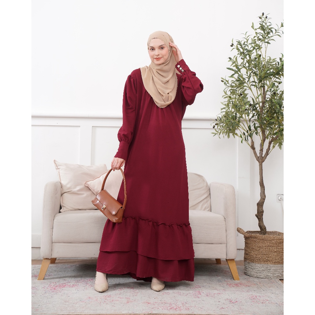 Medina Yasmin Maroon - Gamis Wanita Muslim Polos Jumbo Terbaru Bahan Cringkle Warna Merah Maroon Bas
