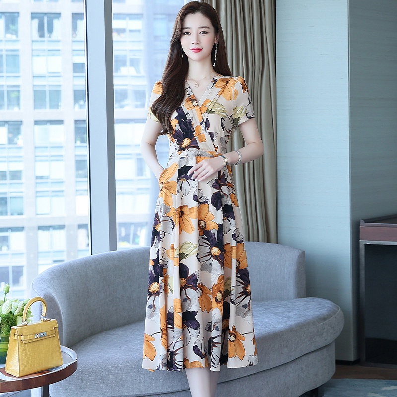 FANMU Gaun Sifon Lengan Pendek Di Atas Lutut Gaya Korea Baru 2023/Rok Panjang Penutup Daging Longgar