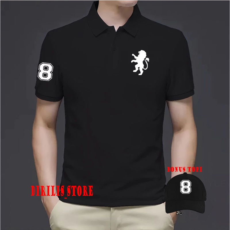 BONUS TOPI  Kaos Polo Kerah Pria & Wanita Giordano Lion Text Putih Premium Unisex